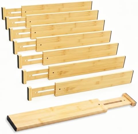 Joyeee Kitchen Drawer Dividers 8 Pack, 16.9-22" Adjustable Bamboo Drawer Organizer, 2.28" High Expandable Utensils Separators for Closet, Dresser, Bathroom, Bedroom