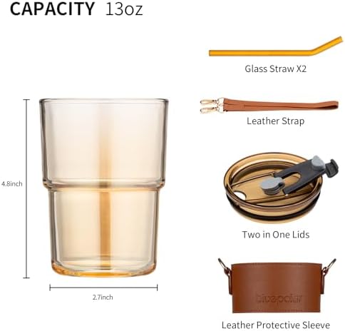 BLUEPOLAR 13 oz Tumbler Water Glass, Water Bottle with Straw and Dustproof Lid, Coffee Ice Cup Double Wall Insulated Glass Cup (Amber with Sleeve and Strap)