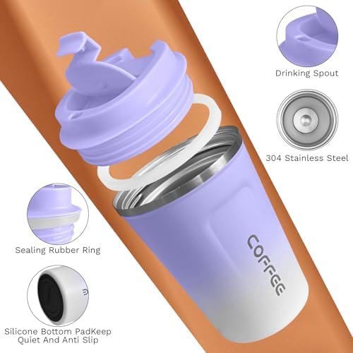 SPLMIFA Travel Coffee Mug Leak-Proof, Reusable Coffee Cups with Lid, Stainless Steel Vacuum Insulated Coffee Tumblers, Thermal Insulation Cup for Men & Women Hot & Cold Drinks(2nd-Purple White, 12OZ)