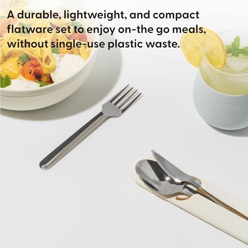W&P Porter Stainless Steel Utensils with Silicone Carrying Case | Cream | Spoon, Fork & Knife for Meals on the Go | Portable and Compact Set