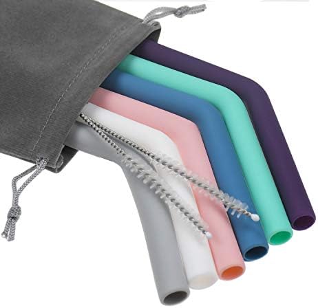 Senneny Set of 6 Silicone Drinking Straws for 30oz and 20oz - Reusable Silicone Straws BPA Free Extra Long with Cleaning Brushes- 6 Bent- 8mm diameter