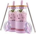 Pandaloo® Glass Cups With Lids and Straws -20 Fl Oz- Perfect Size Iced Coffee Cup - Smoothie Cup With Bamboo Lid and On the go Lid - Glass Tumbler (2 Count (Pack of 1), Lilac Rhapsody-Lilac Rhapsody)