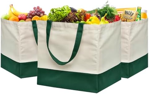 3 Pcs Reusable Grocery Bags - Heavy Duty Canvas Bag, 8.3 gal Foldable Large Canvas Tote Bag with Handles, Holds 60 lbs Tote Shopping Bags,100% Cotton（Retro Green）