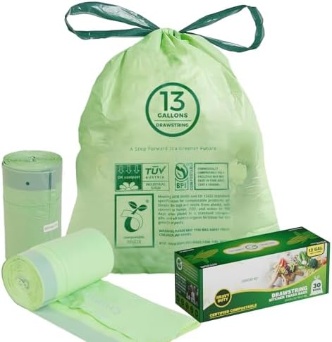 13 Gallon Compostable Trash Bags with Drawstring, Heavy Duty Extra Thick 1 Mil, 49.21 Liter, 30 Bags, Tall Kitchen Food Scrap Waste Bag, ASTM D6400, US BPI and OK Compost Home Certified