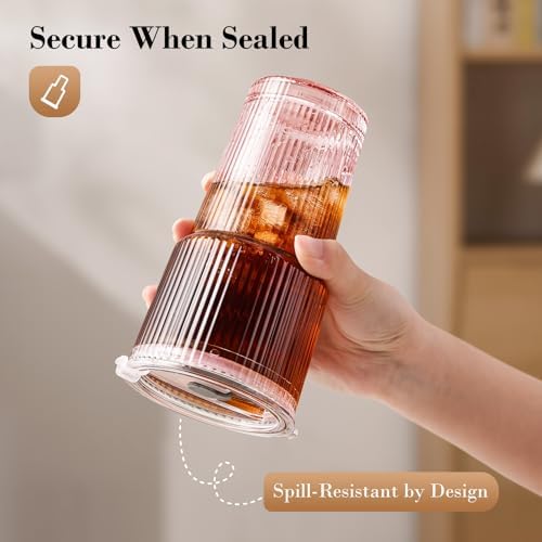 20oz Iced Coffee Cups with Lids, Ribbed Glass Cups with Lids and Straws
