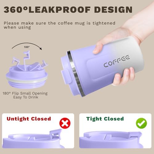 SPLMIFA Travel Coffee Mug Leak-Proof, Reusable Coffee Cups with Lid, Stainless Steel Vacuum Insulated Coffee Tumblers, Thermal Insulation Cup for Men & Women Hot & Cold Drinks(2nd-Purple White, 12OZ)