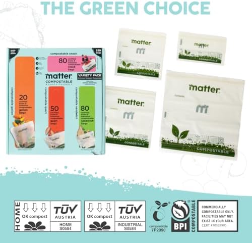 Matter Compostable Resealable Bags, Snack, Sandwich, Quart, Gallon 230 Ct