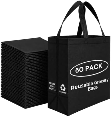Simply Cool 50 Pack Reusable Grocery Bags, Medium Tote Bags Bulk, Black