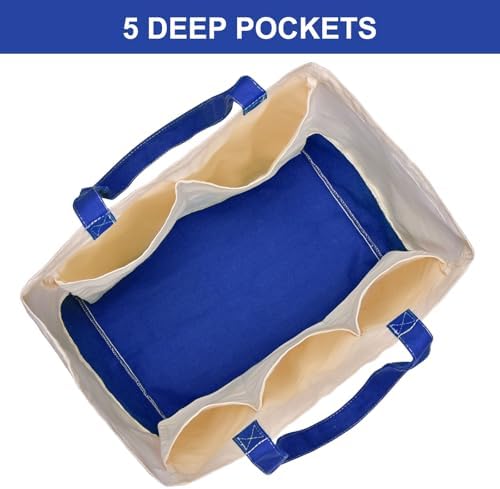 3 Pack Canvas Reusable Grocery Bags Heavy Duty, 8.3 gal Foldable Large Tote Bag with Handles, Holds 60 lbs Canvas Shopping Bags & Washable Eco-friendly Bags with 5 Pockets, Blue+Off White