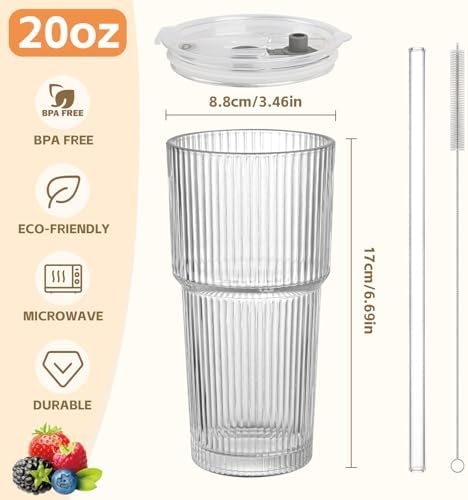 20oz Ribbed Glass Cups with Lids and Straws,4PCS Glass Tumbler with Straw and Lid, Iced Coffee Cups Drinking Glasses for Juice,Smoothies,Cocktail