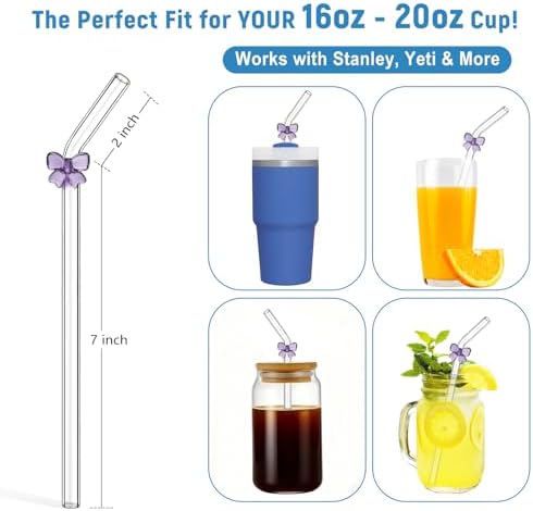 Cute Glass Straws with Purple Bow Charms, 8-Pack 9-Inch Bent for Tumblers
