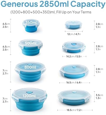 Collapsible Silicone Food Storage Containers with Lids, Set of 4 Sizes (12/17/27/40oz), Leakproof Collapsible Lunch Box, Microwave Freezer Dishwasher Safe, Space Saving for Camping RV Travel