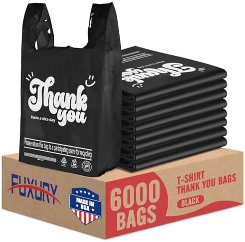 Fuxury 6000 Count (6K) Black Plastic Thank You T-shirt Bags (11.5" x 6.5" x 21"), Grocery, Take Out, To Go, Retail Shopping Bags for Small Business in Bulk