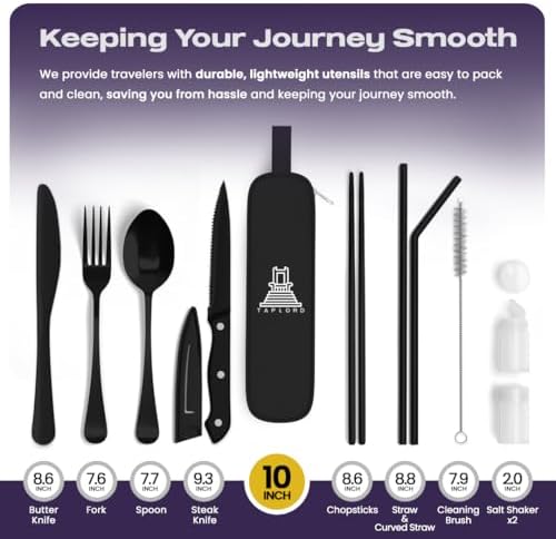 Taplord Portable Travel Silverware Set With Case, Includes 10 Pcs of Travel Utensils With Case, Stainless Steel Flatware Set For Camping, Lightweight (Black) (Pack of 3)