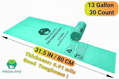BPI Certified Compostable Trash Bags 13Gallon (30 Count) - 3X Thicker Than Regular, Leak & Tear Resistant for Kitchen/Garden/Food Waste, 90-Day Breakdown in Home/Industrial Use, 0.91mils Plant-Based