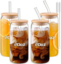 DWTS DANWEITESI Glass Cups “20oz”,Glass Cups with Lids and Straws 4 pcs-Coffee Cups,Drinking Glasses Set,Glass Tumbler with Straw and Lid Gift 2 Cleaning Brushes 600ml