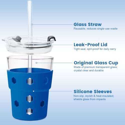 Mrsdry 12oz Iced Coffee Cup with Lids and Straws, BPA Free Reusable Glass Coffee Cups with Silicone Sleeves for Coffee, Iced tea, Thick Wall Glass Cup