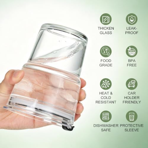 Mrsdry 12oz Iced Coffee Cup with Lids and Straws, BPA Free Reusable Glass Coffee Cups with Silicone Sleeves for Coffee, Iced tea, Thick Wall Glass Cup