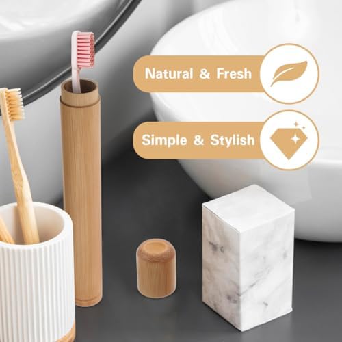 Bamboo Toothbrush Case Portable Travel Holder Round Tube Toothbrush Storage Box Lightweight for Hiking Camping Fits Standard Size Toothbrushes 2 Pack