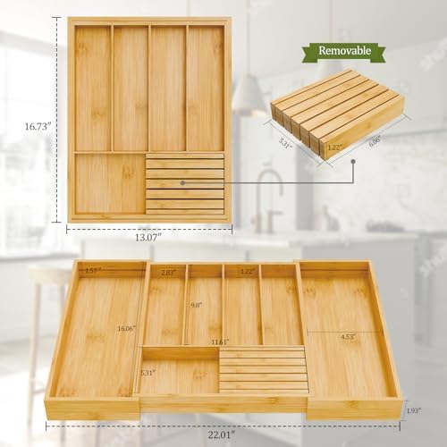 Bamboo Kitchen Silverware Drawer Organizer - Expandable Wood Utensil Holder with Dividers, Luxury Cutlery Storage Tray for Kitchen Utensil and Flatware (5-7 Slots with Removable Knife Block, Natural)