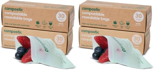 Compostic Compostable Snack Bags, Snack Size (60 Count) Starter Pack — Resealable Zip-Seal, Plant-Based, Home Compostable, Freezer Safe, BPA-Free, Non-Toxic, GMO-Free Food Storage Bags (Pack of 2)