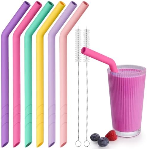 NiHome 6 PCS Extra Wide Reusable Bent Silicone Straws for Boba & Smoothies
