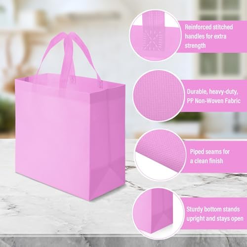 Reginary 50 Pcs Reusable Tote Bags Shopping Bags Non Woven, Pink