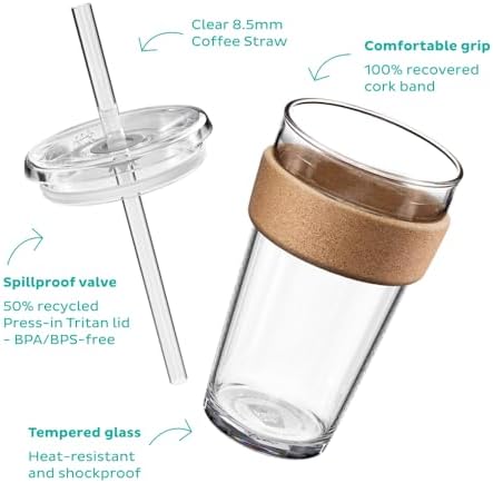 KeepCup Cold Cup - Brew Cork Tempered Glass Ice Coffee Tumbler with Recovered Cork Band, Lid and Straw - 16oz (454ml)