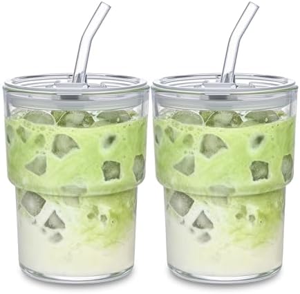 13oz Glass Tumbler with Straw and Lid, Leak Proof Iced Coffee Cup, Thick Wall BPA Free Drinking Glass Water Cups for Iced Coffee, Matcha, Smoothie and Travel-(Clear-2pack)
