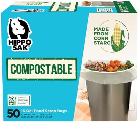 Hippo Sak - 13 Gallon Tall Kitchen Compostable Bags - Leak Proof Bags (50 Count)