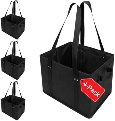 BAG-THAT! 4pk Reusable Grocery Bags Shopping Bags Tote Box Large Heavy Duty Groceries Bag Handles Foldable Reinforced Bottom (Black)