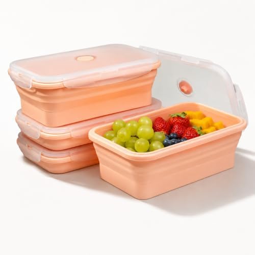 Plus 4PCS Foldable Silicone Food Storage Containers for Kitchen Storage for Leftovers Fruits and Meal Prep Dishwasher Safe Microwave Safe Ideal for Home and Travel (Pink, 40OZ)