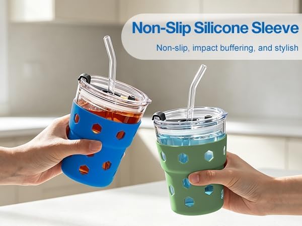 Mrsdry 12oz Iced Coffee Cup with Lids and Straws, BPA Free Reusable Glass Coffee Cups with Silicone Sleeves for Coffee, Iced tea, Thick Wall Glass Cup