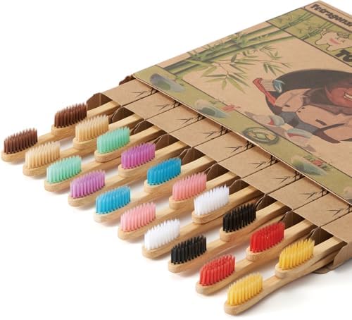 Tetragonal tree 20 Count Bamboo Toothbrushes - BPA Free Soft Bristles Natural Toothbrush Set - Biodegradable & Compostable Eco-Friendly Wooden Toothbrush, Multicolor