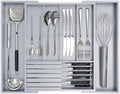 Bamboo Kitchen Silverware Drawer Organizer - Expandable Wood Utensil Holder with Dividers, Luxury Cutlery Storage Tray for Kitchen Utensil and Flatware (5-7 Slots with Removable Knife Block, Grey)