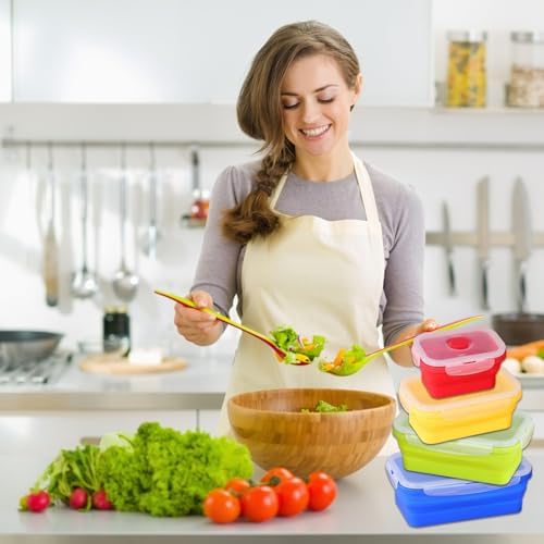 4 Collapsible Food Storage Containers, Silicone Food Storage Containers with Plastic Airtight Lids, Collapsible Storage Containers for Food Camping, Microwave Dishwasher Freezer Safe