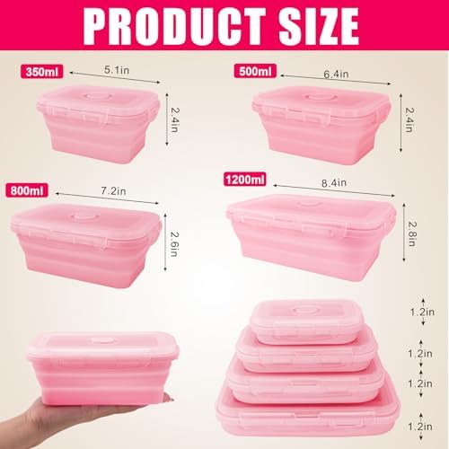 4 Pack Collapsible Silicone Food Storage Containers with Lids, Pink