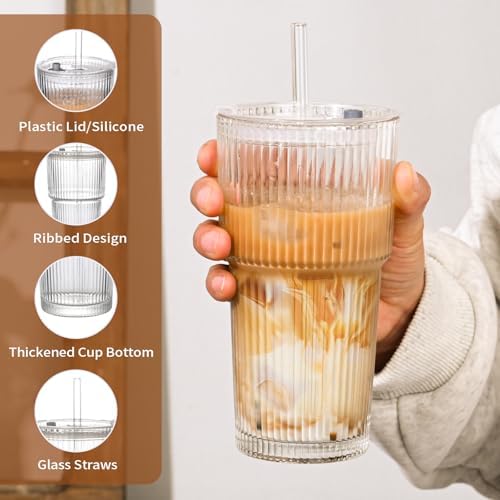 20oz Ribbed Glass Cups with Lids and Straws,4PCS Glass Tumbler with Straw and Lid, Iced Coffee Cups Drinking Glasses for Juice,Smoothies,Cocktail