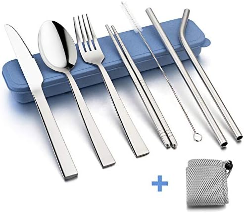 HaWare Portable Travel Utensils with Case, Stainless Steel Silverware Set for Camping Office School Lunch, Including Knife Fork Spoon Chopsticks, Reusable and Dishwasher Safe(Blue)