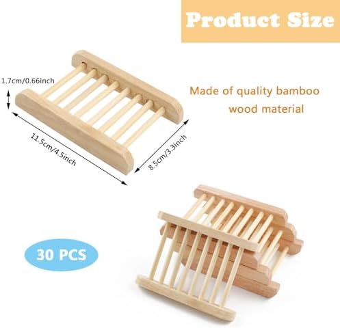 30 Pack Bamboo Soap Holders Wooden Soap Dishes, Self Draining Soap Dishes Bar Soap Holder Tray Wooden Soap Savers, Hand Craft Wood Soap Tray for Bathroom, Shower, Kitchen(Wood Color)