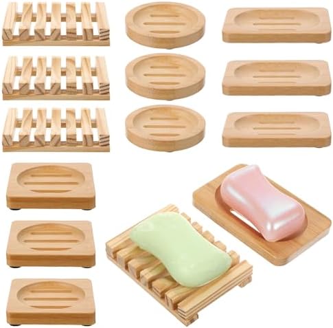12 Pcs Bamboo Soap Dishes, Natural Wooden Soap Holders, Self-Draining Trays
