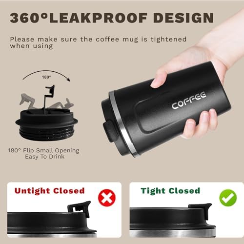 SPLMIFA Travel coffee mugs leak-proof, reusable coffee cups with lids, stainless steel vacuum insulated coffee tumblers, thermal insulation cups for men & women keep drinks hot & cold(2nd-Black, 17OZ)