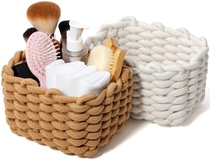 Small Cotton Rope Basket 2 Pack, Khaki White Shelf Bins for Desk Vanity