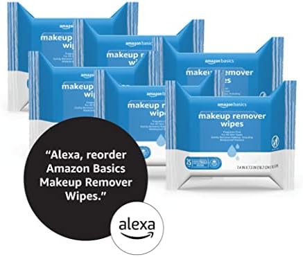Amazon Basics Makeup Remover Wipes, Formulated without Fragrance and Alcohol-Free, Gentle Cleansing, Removes Waterproof Mascara, Dermatologist Tested, 25 Count, Pack of 6