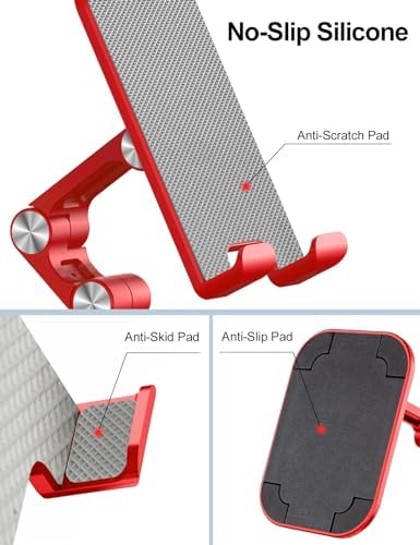 OCYCLONE Phone Stand, Adjustable Height and Angle Foldable Cell Phone Stand Holder for Desk, Taller iPhone Stand Compatible with 4.7"-13" Smartphones iPad Tablet, Red