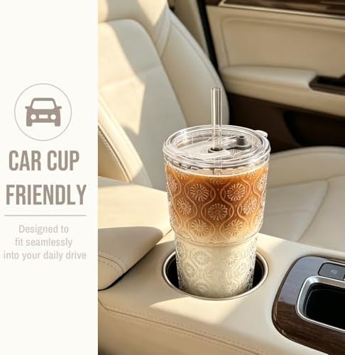 SoulTimes 20oz Begonia Flower Glass Tumbler with Bamboo Lid and Straw–Iced Coffee Glasses Cups for Smoothie, Matcha, Juice, Water etc. Leakproof and Reusable Glassware Drinking for Travel To Go [4Pcs]
