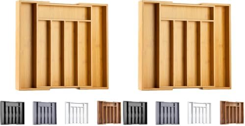 Bellsal Silverware Organizer Kitchen Drawer Organizer Expandable Bamboo Utensil Holder Cutlery Tray for Kitchen Utensil and Flatware Bedroom Office (Pack of 2)