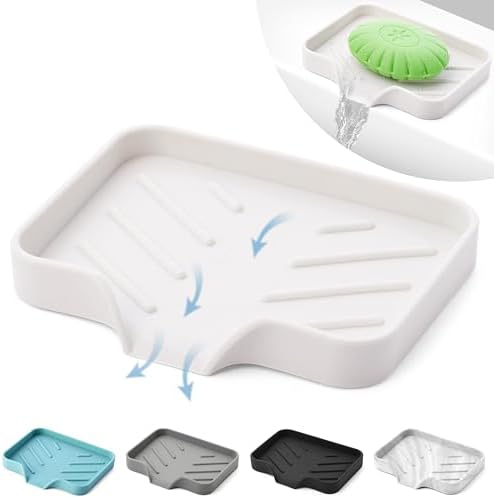 Silicone Soap Dish & Tray - Self Draining, Durable Rubber with Drainage - Kitchen & Shower Soap Holder