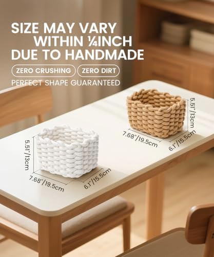 Small Cotton Rope Basket 2 Pack, Khaki White Shelf Bins for Desk Vanity