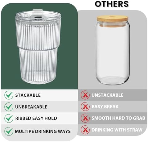 HIGIINC Iced Coffee Cups With Lids and Straws 4 Pcs, 16 OZ Unbreakable Glasses Drinking Set,Clear Plastic Cups Reusable Iced Coffee Tumbler with Lid and Straw, To Go Coffee Cups Dishwasher Safe